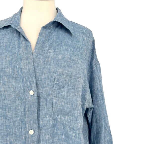 Madewell Shirred Button-Up Shirt In Linen-Cotton Blue Size Large NWT - Picture 3 of 13